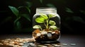 A green sprout sprouts from a jar of coins