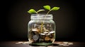 A green sprout sprouts from a jar of coins