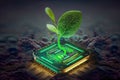 A green sprout sprouts from the microprocessor. A symbol of a new startup or business in the IT field of green