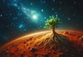 Green sprout on the surface of the red planet Mars, the birth of new life. Space exploration colonization Royalty Free Stock Photo