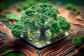 A green sprout tree on a microchip, a concept of innovation, biotechnology, a symbol of a growing startup and new Royalty Free Stock Photo