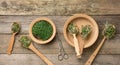 Green sprouts of chia, arugula and mustard in a wooden spoon on a gray background from old gray boards, top view Royalty Free Stock Photo