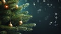 Green spruce branches with garland lights on a blurred blue evening background