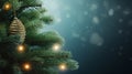 Green spruce branches with garland lights on a blurred blue evening background