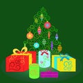 Green spruce with Christmas decorations surrounded by boxes.Vector illustration Royalty Free Stock Photo