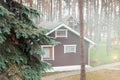 Green spruce tree branch pov and vintage retro wooden log house village in morning mist on background. Home residence in
