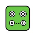 Green square with rounded corners featuring four buttons: a plus sign, a circle with five