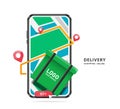 Green square-shaped bag or food container, yellow GPS route, red buy order button display on map on smartphone screen Royalty Free Stock Photo