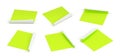 Green square stickers, glued paper patches or adhesive badges with peeling corners. Realistic mockup of blank sticky