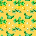 Green squashes, slices watercolor illustration seamless pattern