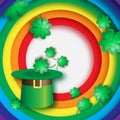 Green St. Patrick's Day hat with clover. Hat of a leprechaun with rainbow.