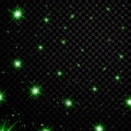 Green stars black night sky on transparent background. Abstract light glitter. Fantasy sparkles. Shine christmas texture Royalty Free Stock Photo