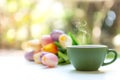 Green steaming cup of hot coffee on white wooden near window with tulip flowers Royalty Free Stock Photo