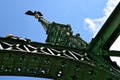 the green steel Liberty bridge in Budapest. closeup perspective. eagle sculpture at the top