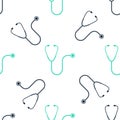 Green Stethoscope medical instrument icon isolated seamless pattern on white background. Vector