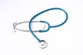 Green stethoscope, object of doctor equipment, isolated on white background. Medical design concept, cut out, clipping path, top Royalty Free Stock Photo