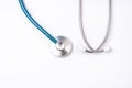 Green stethoscope, object of doctor equipment, isolated on white background. Medical design concept, cut out, clipping path, top Royalty Free Stock Photo
