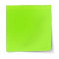 Green sticky note with turned up corner isolated on white background. Light from the upper-left corner