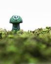Green Stone mushroom made from Malachite gemstone crystalize rock showing unique patterns and colours with moss foreground often