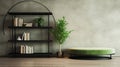 Gothic-inspired Bookshelf: A Minimalist Staging With Green Ottoman And Potted Plants