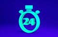 Green Stopwatch 24 hours icon isolated on blue background. All day cyclic icon. 24 hours service symbol. Minimalism