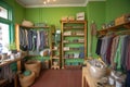 green storefront with products for sale, including eco-friendly clothing and accessories