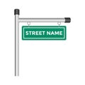 Green street sign, fixed on a pole on white background