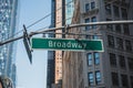 Green street sign with text Broadway` hanging on a street pole`