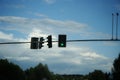 green streetlight signal with cloudy blue skies in the background