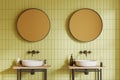 Green stylish hotel bathroom interior with double sink and accessories Royalty Free Stock Photo