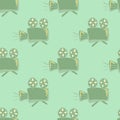 Green stylized cameras seamless pattern. Light turquoise background. Simple cinema style backdrop