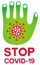 Green stylized hand blocking the coronvirus molecule. Stop and covid-19.