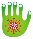 Green stylized hand blocking the coronvirus molecule. Symbol of protection against infection.