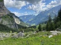 The green subalpine valley of the Melchtal or Melch valley along the river Grosse Melchaa in the Uri Alps mountain massif, Kerns Royalty Free Stock Photo