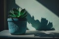 Green succulent in concrete plant pot. Illustration AI Generative