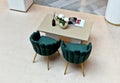 green suede armchairs with gold chair legs. the chair is shaped like a shell.