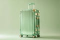 A green suitcase with gold accents sits on a green background. Generative AI