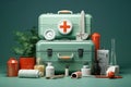 Green Suitcase With Red Cross, Medical Emergency Travel Bag for First Aid Supplies, Home pharmacy, first aid kit concept with