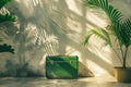 A green suitcase is sitting on a concrete floor in front of a wall. Generative AI