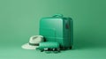 Green suitcase with traveler accessories travel concept with generative AI technology