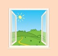 Green summer hills behind open window - vector illustration