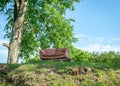 Summer landscape with a small river, brown sofa on the shore, beautiful reflections in the water, summer river reflection