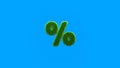 Green summer lawn grass symbol isolated on blue background. Conceptual grassed sign of percent. Design of information related to