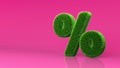 Green summer lawn grass symbol isolated on pink background. Conceptual grassed sign of percent. Design of information related to