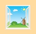 Green summer nature and old mill behind open window - vector illustration