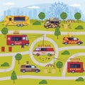 Green Summer Park Area with Food Truck Cooking and Selling Street Food Vector Illustration