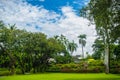 Green summer public park garden with blue sky in the cloudy day. Beautiful day light in public park with green grass field and fre Royalty Free Stock Photo