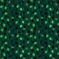 Green summer seamless pattern with lots of leaves on dark green background