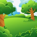 Green summer or spring landscape in cartoon style. Vertical background for design. Forest or park meadow with trees. Royalty Free Stock Photo