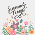 Green summer time letter flowers in modern style on colorful background. Greeting invitation vector illustration. Floral bouquet Royalty Free Stock Photo